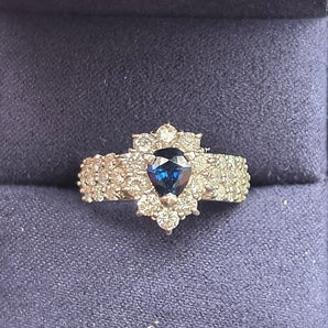 "StarBurst" Natural Blue Sapphire and Triple Row Diamond Platinum Ring