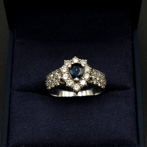 "StarBurst" Natural Blue Sapphire and Triple Row Diamond Platinum Ring