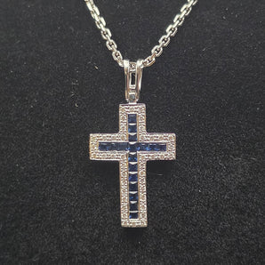 The Tunicoli Crucifix: An Italian-Crafted Invisible-Set Sapphire and Diamond Pendant in 14k White Gold